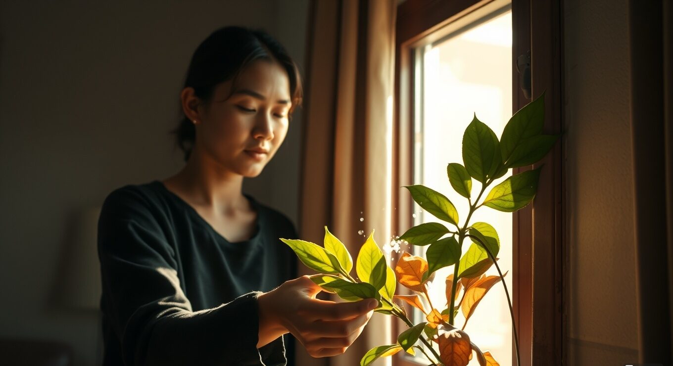 観葉植物に世話してる２